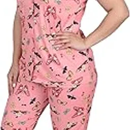 cotovia Women's Digital Printed Night Suit Set of Shirt & Pyjama (Large, Pink)-picture-18