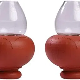 Diyas(Pack of 2)/Clay Chimney LAMP/Clay Glass LAMP/Earthenware Diya with lid,Clay Agal vilaku,Anaiya vilakku,Oil lamp with Class,MITTI LAMP image 1