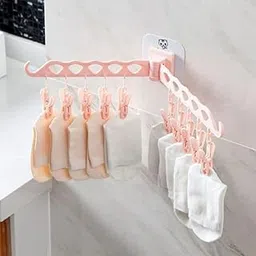 SANTALON 10 Clip Cloth Hanger – Wall Mounted Foldable Drying Rack with Adhesive | Rotatable Clothes Hanger for Clothes, Kitchen, Balcony, Bathroom, Wardrobe | Cloth Drying Stand with 10 Clips & Hooks-picture-39