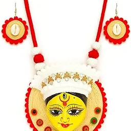 Handcrafted Terracotta Durga Devi Jute Art Necklace Set, Traditional Indian Design, Black and White with Matching Earrings-picture-44