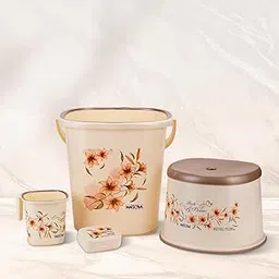Nayasa Plastic Square DLX 4 Pcs Bathroom Set | Bucket 18 L + Mug 1.5 L + 508 DLX Stool + Soap Case | Bathroom Set | Bath Set for Bathroom | Cream-picture-45