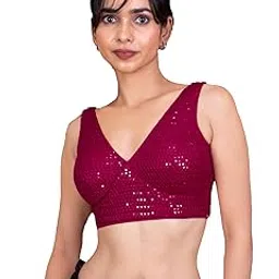 figure's designer Women's Sequin Embroidered Premium Net Fabric Sleeveless V Neck Sabyasachi Cut Readymade Saree Blouse E20-picture-35