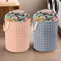Kuber Industries (Pack of 2) Laundry Basket (60 LTR) Cotton Round Laundry Hamper (Check-Print) Clothes Storage Bag | Toy Storage Basket for Cloth | Foldable Laundry Bag | Dark Grey & Brown-picture-40