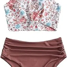 zaful Women's Scoop Neck Tropical Leaf Knotted Two Pieces Tankini Set Swimsuit (D-Chestnut, M)-picture-30