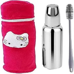 KIDS GLOBE Stainless Steel Infant Baby Feeding Bottle, BPA Free, Anti-Colic, Plastic-Free, Medium-Flow Nipple (250 ML) with Chain DarkPink Cover-picture-64