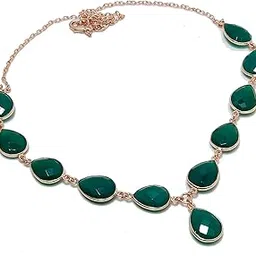 gems in silver Women Onyx Drop Shape Gemstone Single Layer Necklace | Adjustable 925 Sterling Silver Rose Gold Plated Chain Jewelry | Girls May Birthstone Mala for Casual Wear, Party and Gift (Green)-picture-11