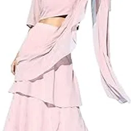 juniper Pink Georgette Printed Saree Style Crop-Top Skirt Set-picture-55