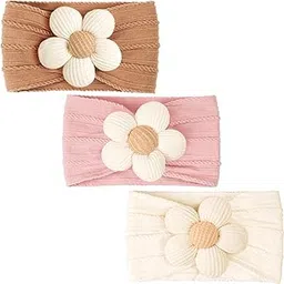 3-Pack Baby Girl Hairbands, Soft Elastic Cotton Headbands for Infants, Non-Slip Hair Accessories for Toddlers (Pink, Beige, Brown)-image-0