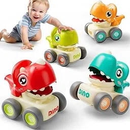 Angel Kids Set of 4 Press to Go Car Toys for Toddlers,Baby Racing Cars,Baby Push Go Friction Car Toys for 6-9-12-18 Months,1st Birthday Gifts for 1-2 Years Old Boys (Multicolor) (Dino Whistle)-picture-34