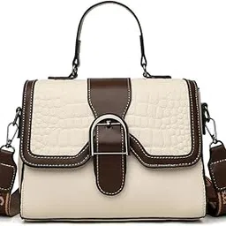 Designer Vintage Handbag, Cream White with Brown Trim, Faux Leather, Contrast Stitching, Buckle Closure, Crossbody Strap, Classic Style-image-5