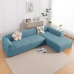 HOKIPO 'Aria Nova' L Shape Sofa Cover Set | 2 Pcs Stretchable Bubble Slipcover with Right Chaise | Anti-Slip, Tropical Teal (AR-6211-TL) image 1