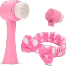 Facial Cleansing Brush & Headband Set | Dual-Sided Silicone & Bristle Face Brush | Cute Skincare Hairband | Deep Pore Exfoliation, Ergonomic, Waterproof & Travel-Friendly Skin Care Kit | Baby Pink-picture-56