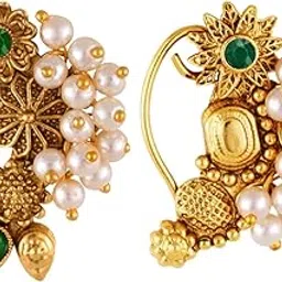 vivastri fashion jewellery Vivastri Premium Gold Plated White Pearl,Moti Beaded Alloy Nath,Nathiya,Nosepin,Nosering,Guttapusalu For Women & Girls -VIVA1181-1167NTH-Press-Green-picture-28