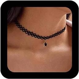 iaceble Bohemia Star Lace Choker Necklace Short Black Tattoo Necklace Gothic Star Pendant Collar Necklace Hollow Lace Clavicle Necklace Jewelry for Women and Girls-picture-36