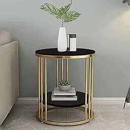CROWN ART SHOPPEE Round End Table with Storage Shelf, Side Table for Small Space, Easy Assembly, Accent Furniture with Metal Frame Golden & Black-picture-25