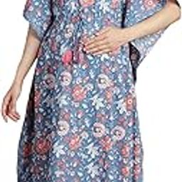 secret wish Women Light Blue Floral Cotton Maternity Kaftan/Free Size/Feeding/Nursing/Zipper/Drawstring/Printed/Full Length-picture-13