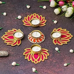 eCraftIndia Set of 5 Golden Pink MDF Wooden Cut Out Lotus Flower Rangoli Showpieces Tea Light Holder for Diwali, Navratri, Ganesh Chaturthi Festival - Diwali Decoration Items for Home Decor-image-16