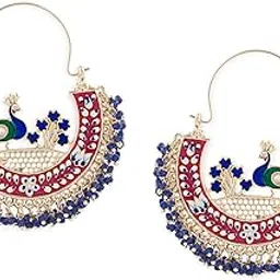 zaveri pearls Multicolor Meenakari Peacock Inspired Cresent Yellow Gold Hoop Earrings For Women-ZPFK14626-picture-17