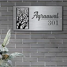 ZOCI VOCI Stainless Steel Name Plates for Home. Contemporary Design, Waterproof, Duarable. Personalized Number Plate for Bungalows, Flat, Apartments. Premium Matt Finish ideal House Warming Gifts for New Home. Customized Name Plates (Contemporary tree)-picture-32