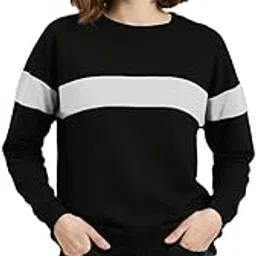 LEOTUDE Women's Full Sleeve Round Neck Loopknit Colourblocked Sweatshirt for Women (Blk Gry)-picture-35