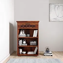 MoonWooden Solid Sheesham Wood Bookshelf with 3 Shelf and 1 Door Storage for Home Living Room Office Multipurpose Wooden Book Rack (Honey Finish)-picture-22