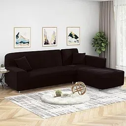 Lukzer L Shape Universal Sectional Anti-Slip Sofa Cover (Plain Brown/ 185cm-230cm) - Right Hand Side (RHS) Elastic Furniture Protector for Living Room-picture-27