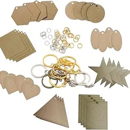 R H Lifestyle MDF Board with Hole MDF Boards for Art and Craft Small MDF Boards for Painting Lippan Art Board Wooden Keychain MDF Cutout with Keychain & Jumprings (Pack of 32 Pcs, All Shapes)-image-4