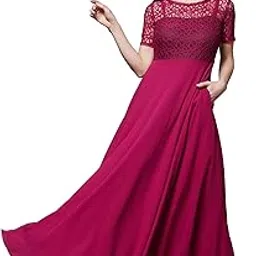 miss chase Women's Dark Pink Round Neck Half Sleeve Solid Lace Overlaid Maxi Dress-picture-56