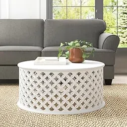 White Round Coffee Table, Modern Geometric Lattice Design, Hand-Carved Wood Accent Center Table for Living Room, Contemporary Style Decorative Furniture-picture-10