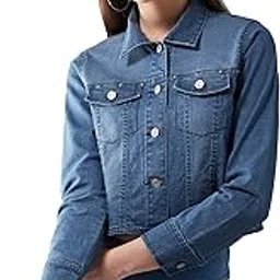 dolce crudo Women's Navy Blue Solid Polo Neck Full Sleeves Buttoned Denim Embellished Cropped Jacket-picture-54