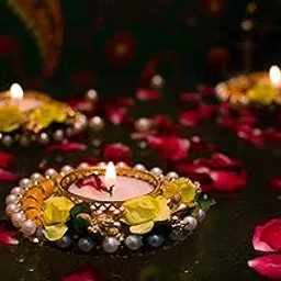 DEVU PARBAT Tea Light Candle Holder and Diwali Decoration Items Traditional Designer Golden Diya with Yellow Flowers for Home décor Set of 8-image-15