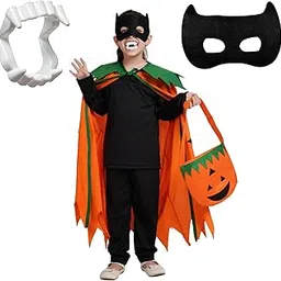 Kaku Fancy Dresses Polyester Pumpkin Robe Cape With Black Eyepatch & Devil Teeth For Halloween Costume For Kids - 3-4 Years-image-73