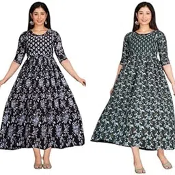 Women's Cotton Printed Maternity Feeding Maternity Dress with Zipper Anarkali Gown Pack of 2-picture-26