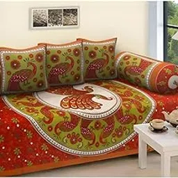 UrbanArts 100% Pure Cotton Jaipuri Diwan Set of 6 Pcs (1 Bedsheet, 2 Bolster Cover, 3 Cushion Cover) | Cotton Diwan Set for Drawing Room, Living Room and Bedroom, Style-10-image-0