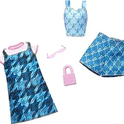Barbie Clothes, Doll Fashions and Accessories Set Featuring 2 Complete All-Denim Outfits, Including Dress, Top, Shorts, Purse and More-image-1