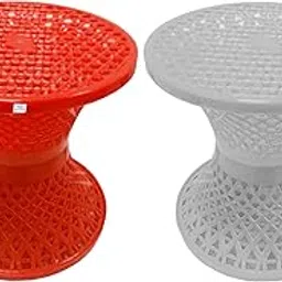 Heart Home Mesh Design Both Sided Plastic Sitting Stool for Indoor & Outdoor in Damroo Style- Pack of 2 (Orange & White)-picture-39
