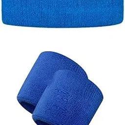 DESCTIDY Moisture Wicking and Non-Slip Exercise Workout Cotton Headband and Wrist Band for Men and Women (Blue, 1 Pair)-image-7