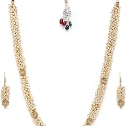 Gold plated Handcrafted pearl long necklace set for women. Elevate your style with this stunning handcrafted necklace set that seamlessly blends traditional elegance with contemporary charm.-image-49