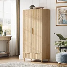 VINGLI Fluted Wardrobe Closet Armoire with Doors And Drawers, Wardrobe Cabinet with Hanging Rack, Bedroom Closet Wood, Oak Free Standing Armoire with Shelf and Solid Wood Legs, 31.5"W*19.7"D*69.3"H-picture-10