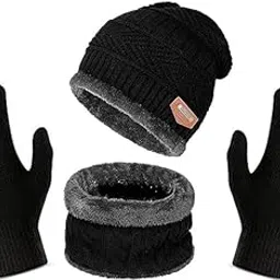 PAVILONN Winter Beanie Hat, Scarf and Gloves Set, Knitted Wool Blend with Fleece Lining, Black-picture-10