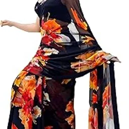 sidhidata Women's Floral Printed Georgette Saree With Unstitched Blouse Piece (Rashmika Black Saree)-picture-31