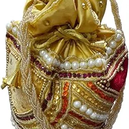 Embroidered Fancy Potli Handbag Purse & Peral Mulity For Women And Girls,Golden-picture-33