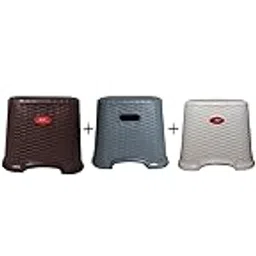 Kitchen Bathroom Step Stool, 10.inch Height, Woven Pattern Design, Grey, Brown and White, Set of 3-image-1