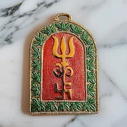 Salvus APP SOLUTIONS Metal Om Trishul Swastik Trishakti Yantra Door/Wall Hanging for Home, Office & Shops (5.5x3.5 inch_Gold). image 1