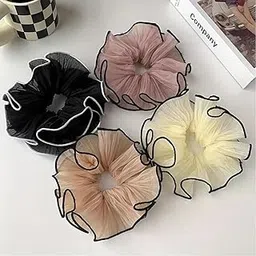 Ashkash 4pcs Elegant French Style Chiffon Large Intestine Hair Loop - Retro Pleated Design, Soft Breathable Chiffon Fabric, Secure Elastic Ponytail Holder for Women, 4 Colors (Black/White/Pink/Brown), Stylish Hair Accessory-picture-48