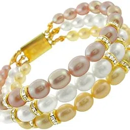 sri jagdamba pearls dealer Eye CATCHING Pearl Bracelet for Women and Girls | Multicolor 3 Row Bracelet | Oval Freshwater Pearls 4-5MM | With Certificate Of Authenticity of Pearls-picture-54