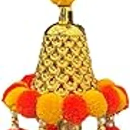 Decorative Hanging Wind Chime with Pom Poms, Gold Bell Cluster, Red and Yellow, 15.5 x 5 inches-picture-10