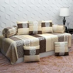 BROMWICK Diwan Set Covers | Diwan Bedsheet Set of 8 Pieces | Diwan Set Covers with 1 Single Bedsheet, 2 Bolster Cover, 5 Cushion Covers | Microfiber Diwan Covers for Living Room Dining (Beige)-image-7