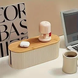 Soko Cable Management Box with Bamboo Lid | Cords Hider & Surge Protector | Concealer for Power Strips, Router, TV, Gadget Wires Storage Organiser Tray for Desk, Table - Home, Office - Off-White-picture-14