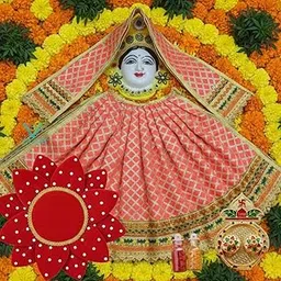 Margashirsha Maha Laxmi Devi Mukhota, Vastra, Asan, Haldi Kumkum, Kankavati 5Piece Combo Set | Varalakshmi Vratham Pooja Decoration Items | Goddess Laxmi MATA Face Dress for Margashirsha Puja-picture-28